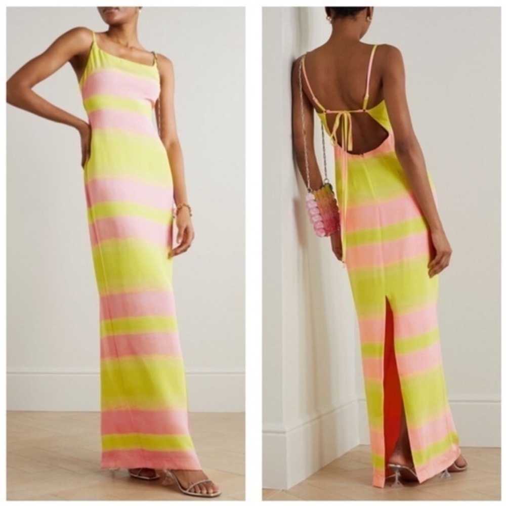 NEW Brandon Maxwell Striped Open-Back Silk Maxi Dress, NWT – Size 10 Yellow Pink